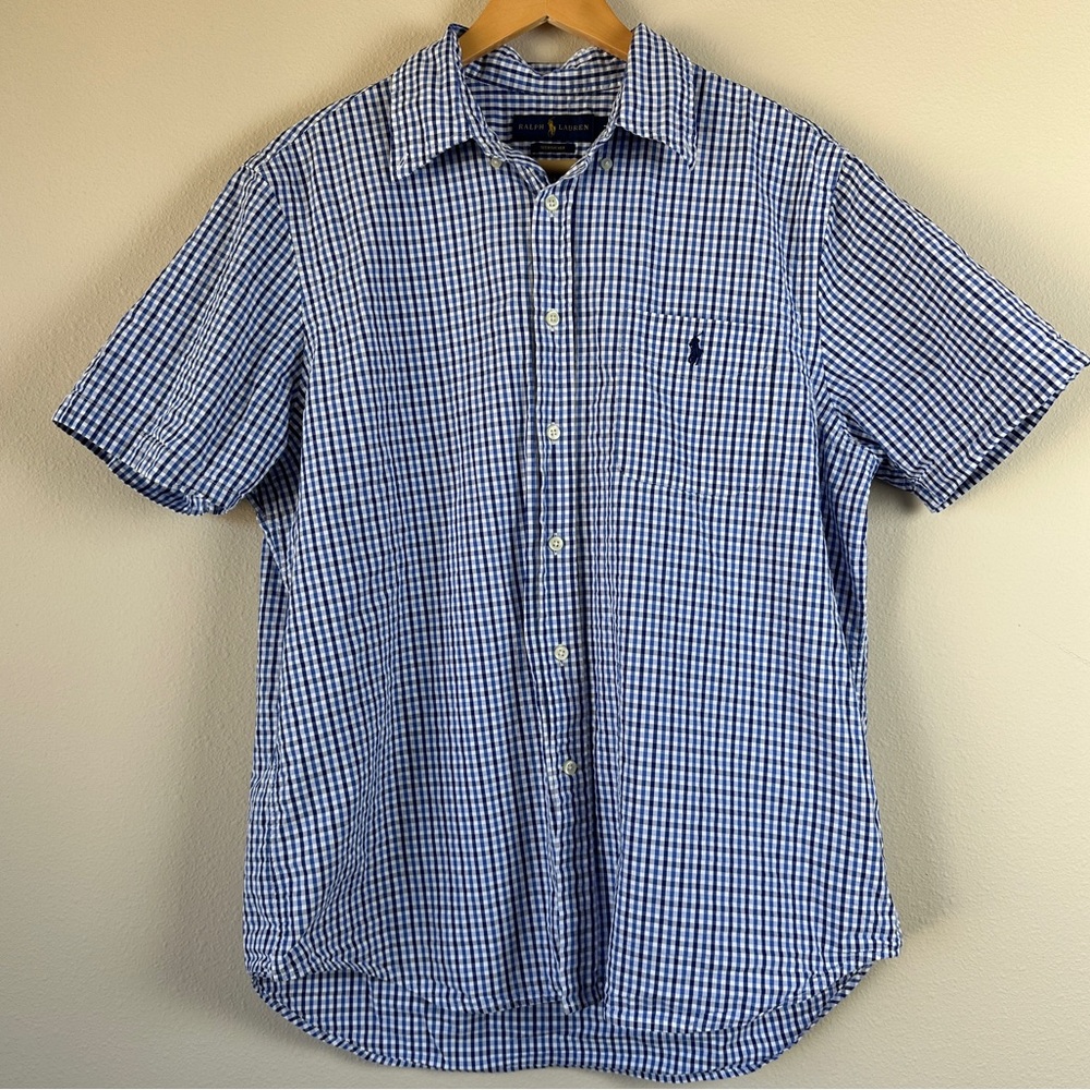 Ralph‎ Lauren Seersucker Gingham Check Blue Short Sleeve Collared Shirt Pony L